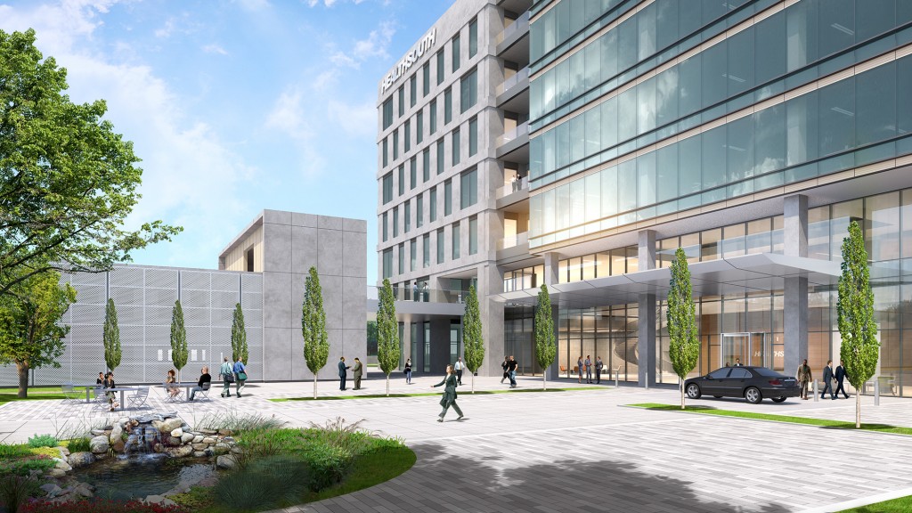 A building with a glass front.